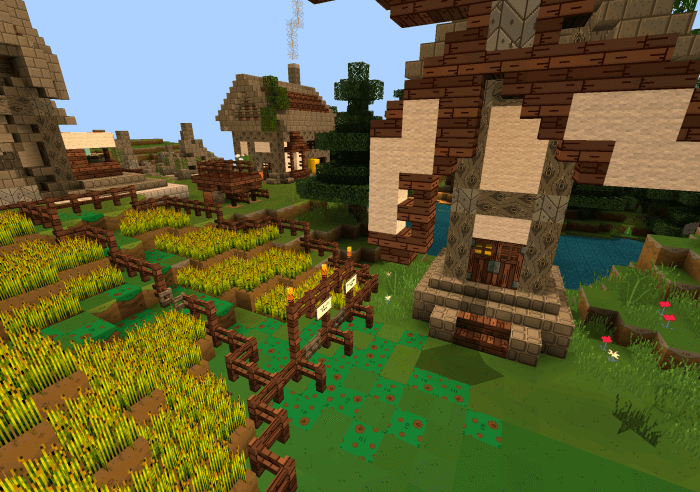 Деревня с полями пшеницы с текстурами Adventure Time Craft
