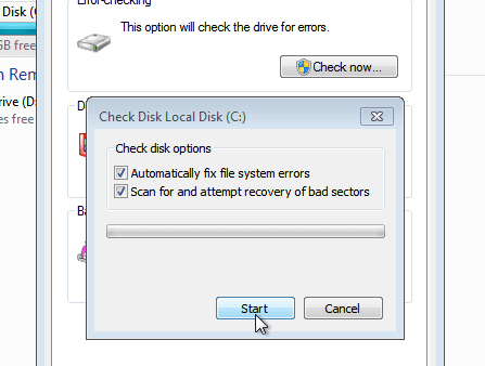 Disk Check Options in Windows 7