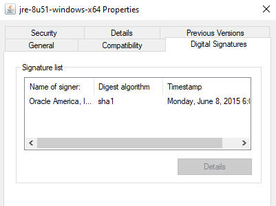 Oracle digital signature in the Java installer