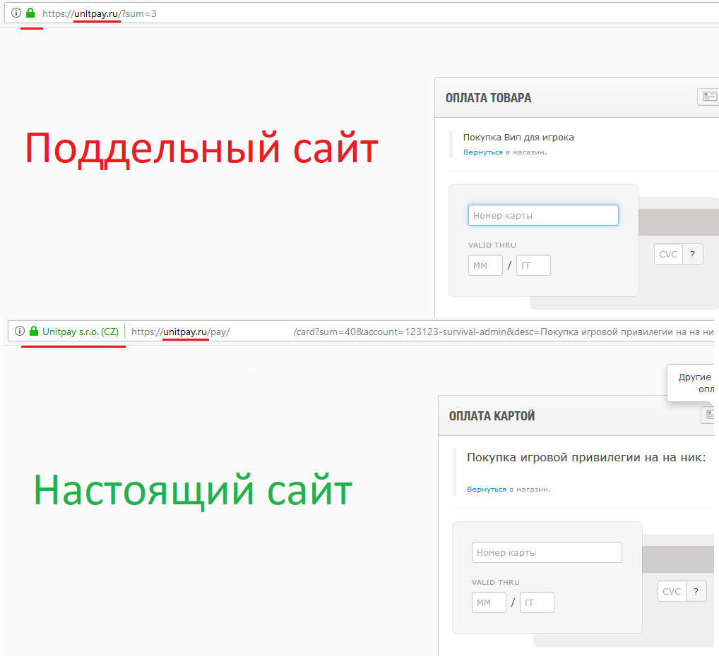 Пример поддельного сайта платежной системы