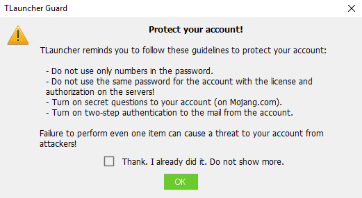 Account Security Notification in TLauncher