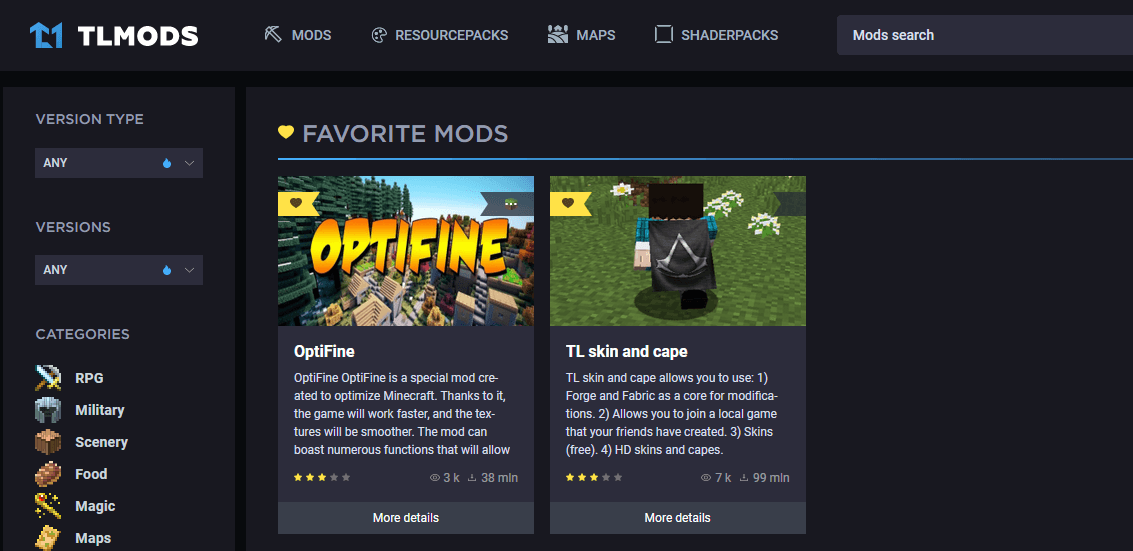 An example of the Favorites tab on TLMods.org
