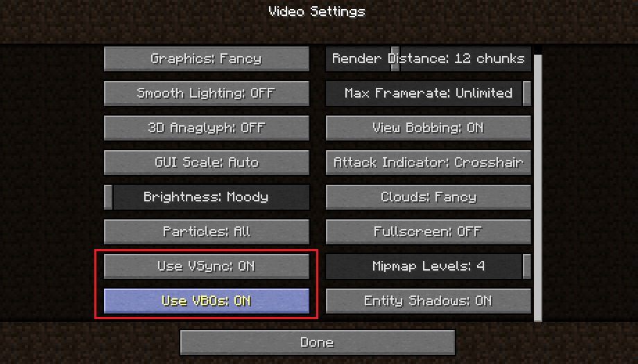 Enable VBOs и VSync in Minecraft